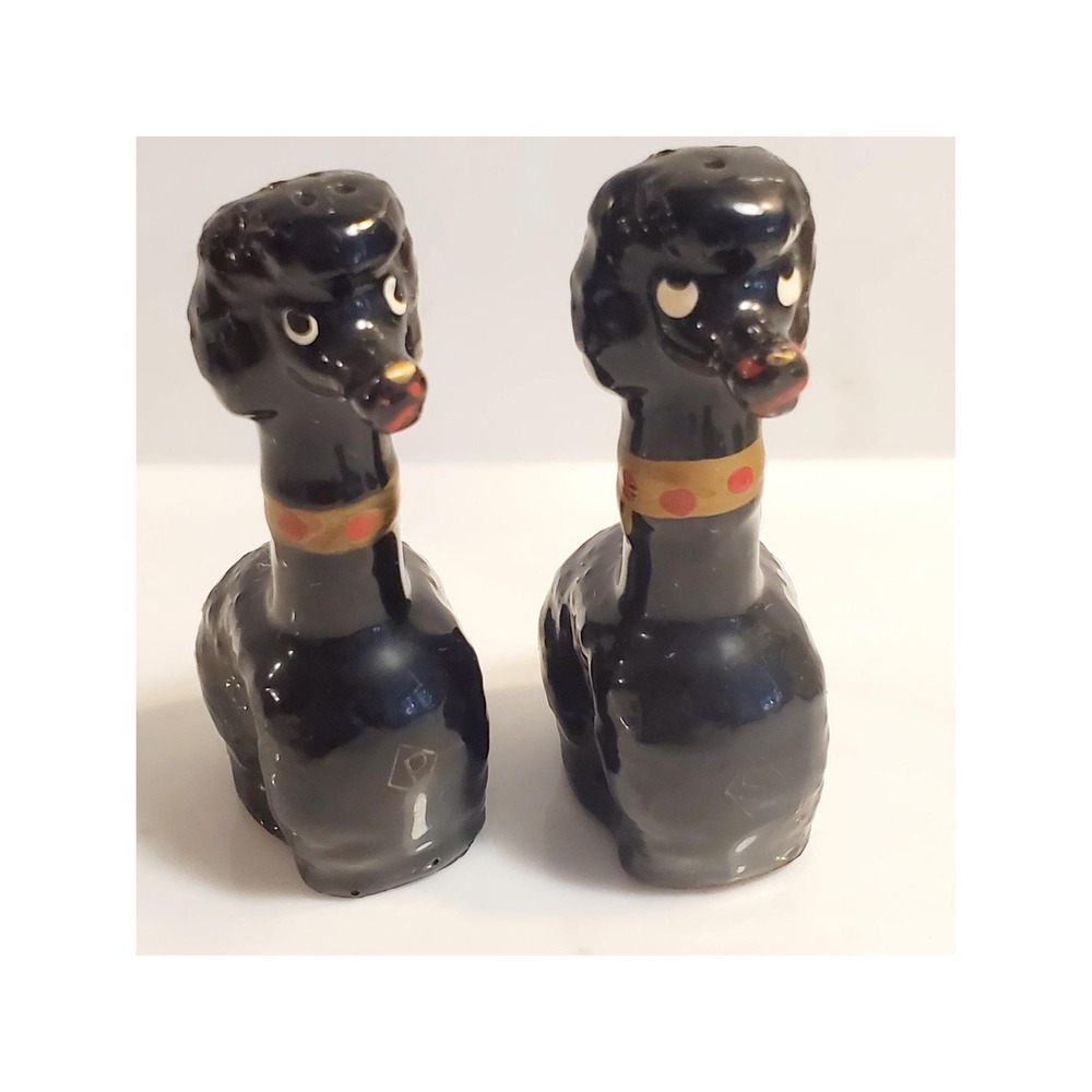 Vintage Black Redware Long Neck French Poodles Dogs Salt & Pepper Shakers Japan